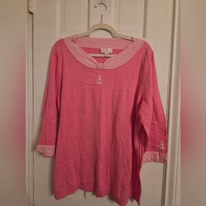 Quacker Factory Pink Nautical Top with Anchor Embroidery